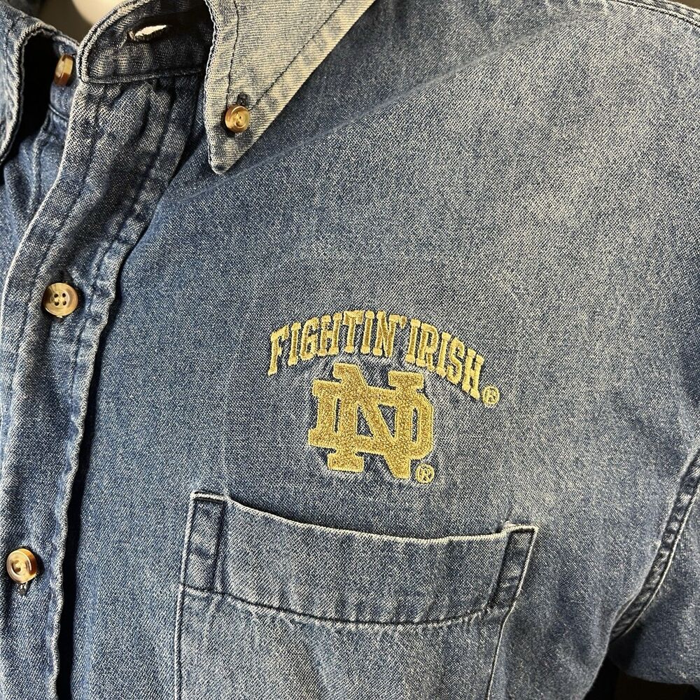 ProEdge Notre Dame Fighting Irish Embroidered Denim Work Shirt Mens XL Blue